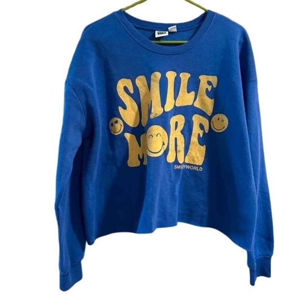 SmileyWorld Smile More Cropped Sweatshirt Blue‎ Yellow Graphic Pullover Womens M